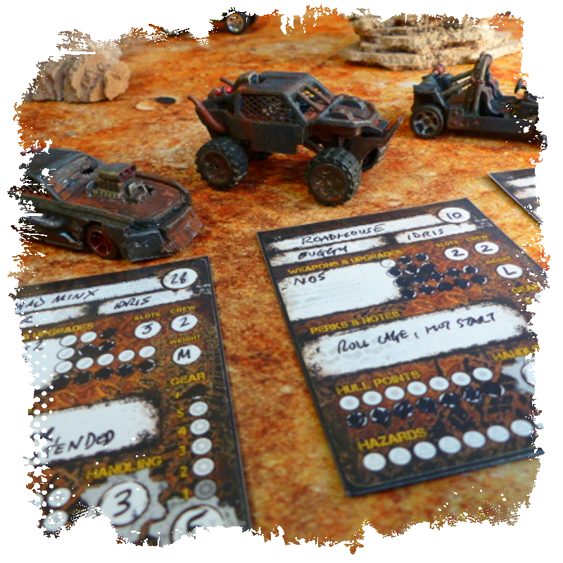 Dashboards in use during a game of Gaslands